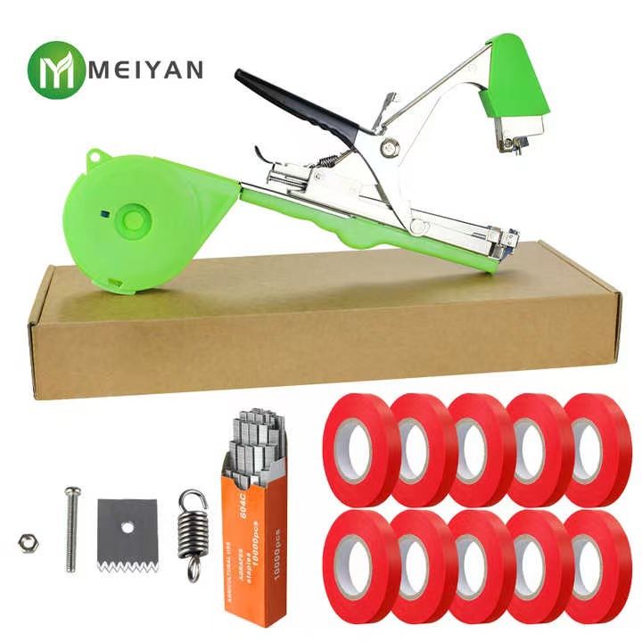 Plant tying machine with tape, staples, and replacement blades. Plant tying machine vegetable tape tool.