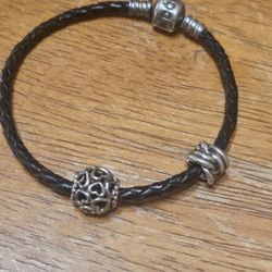 Pandora Leather Bracelet With .925 Sterling Silver Beads