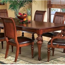 Cindy Crawford Home Key West Tobacco Rectangle Dining Room Table With Slat Chairs