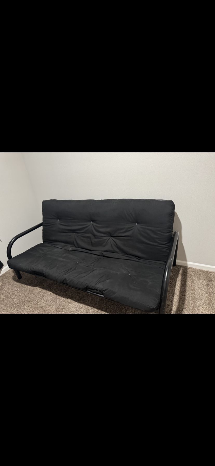 Black Metal Frame Futon – Tufted Cushion – Converts to Bed
