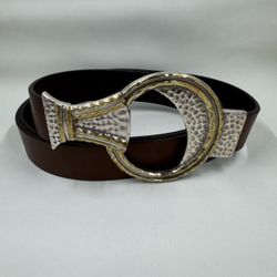 Chico's Silver Gold Hook Brown Leather Adjustable Statement Belt Size M/L