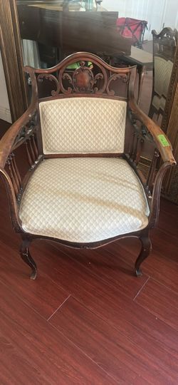 Antique Carved Wood Upholstered Armchair
