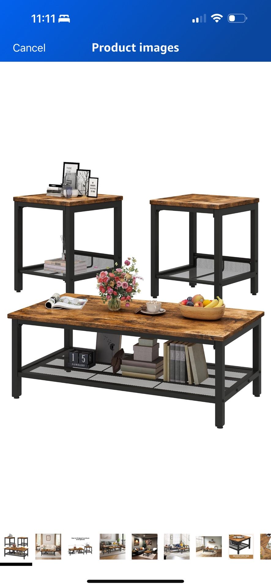 DKLGG Coffee Table Set of 3, Vintage Wood Coffee Table & 2 End Tables, Square Tabletop Modern Industrial Living Room 3-Piece Set for Apartment Home Of