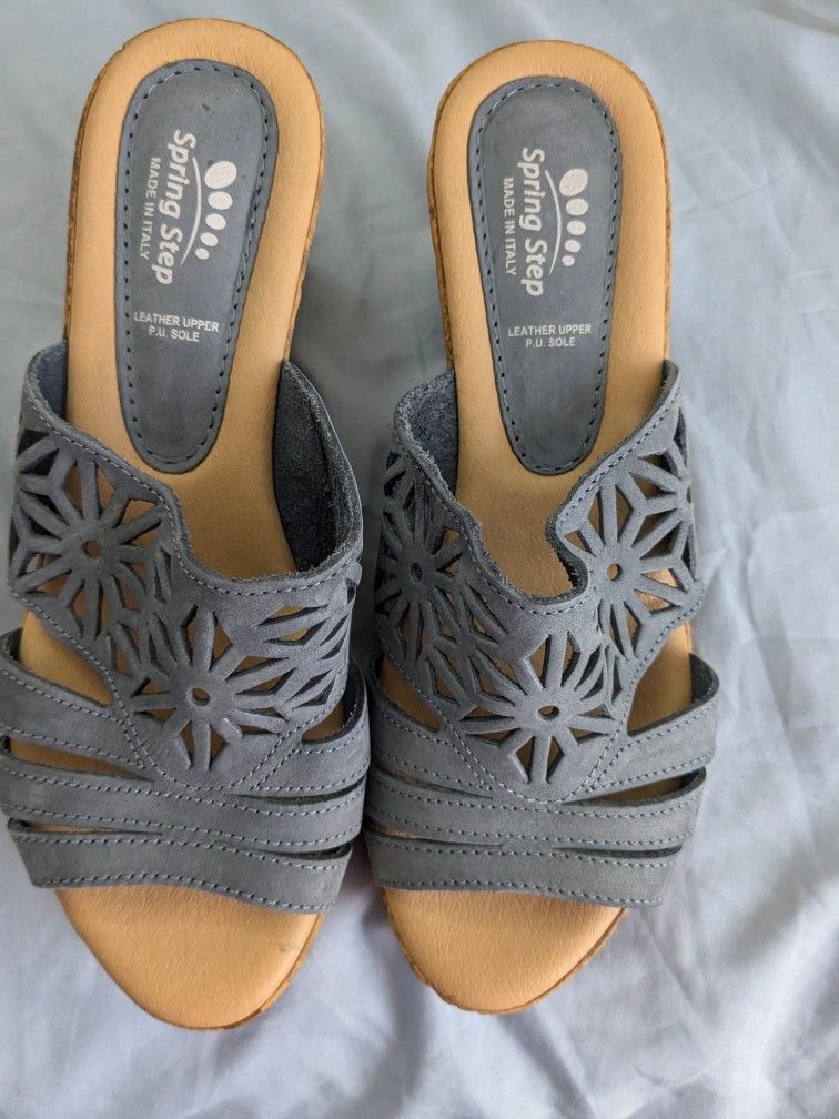 Spring Step Women's Estella Leather Nubuck Wedge Slide Sandals - Blue, 38M EUC