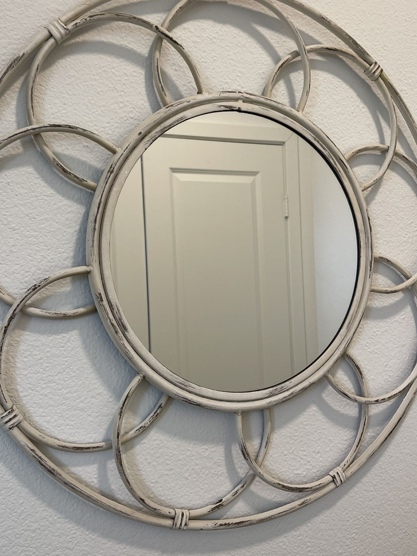 Distressed cream Round Metal Boho Wall Mirror. New