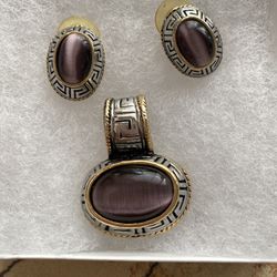 Heavy Vintage   Silver /Gold Tone Violet Stone Clip-On Earrings and Pendant Set