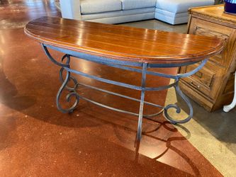 Sturdy Half Moon Console Table with Swirling Wrought Iron Base