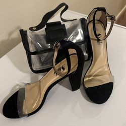 SHEIN Chunky Heel & Handbag Sz 8 Black & Transparent 