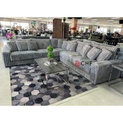 Corduroy Fabric Upholstered Square Armrest Stationary L-Shape Sectional Sofa with 9 Throw Pillows