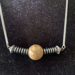 One Of A Kind Ethnic Style Lodalite & Hematite On Silver Plated Chain 