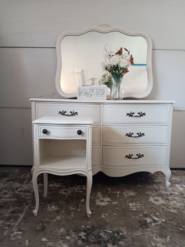 Vintage French Provincial Farmhouse Dresser, Mirror And Nightstand