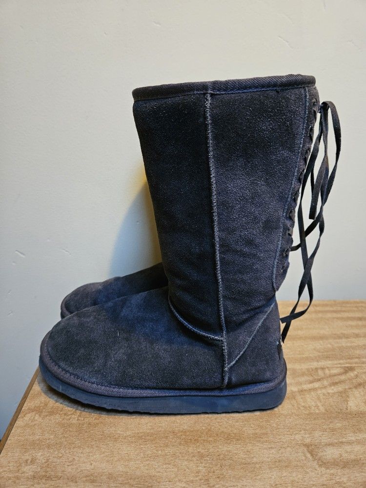 Ugg Australia Classic Suede Womens Winter Boots Brown Size 8 Lace Up Back