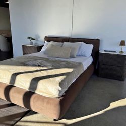 Mel Velvet Bed — Modern Luxe Statement Piece Rounded Vintage Pillow Headboard • Faux Mohair Texture