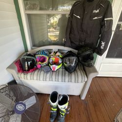 5 Motor Cycle Helmets 1 pair of Motorcycle Boots & Motorcycle Jacket