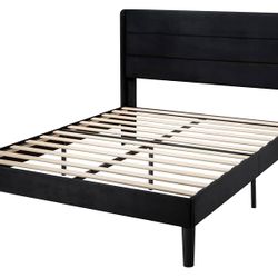 Queen Size Velvet Upholstered Platform Bed Frame, Wingback Horizontal Channel Headboard, Wooden Slats Support, No Box Spring Needed, Easy Assembly, Bl