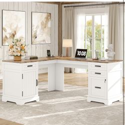 Farmhouse L Shaped Desk with Drawers, 67 Inch, White