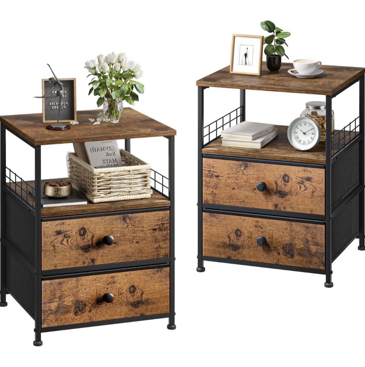 Nightstands Set of 2, Bedside Table with Fabric Drawers and Open Wood Shelf Storage, Bed Side Table with Metal Frame, Night Stand for Bedroom,