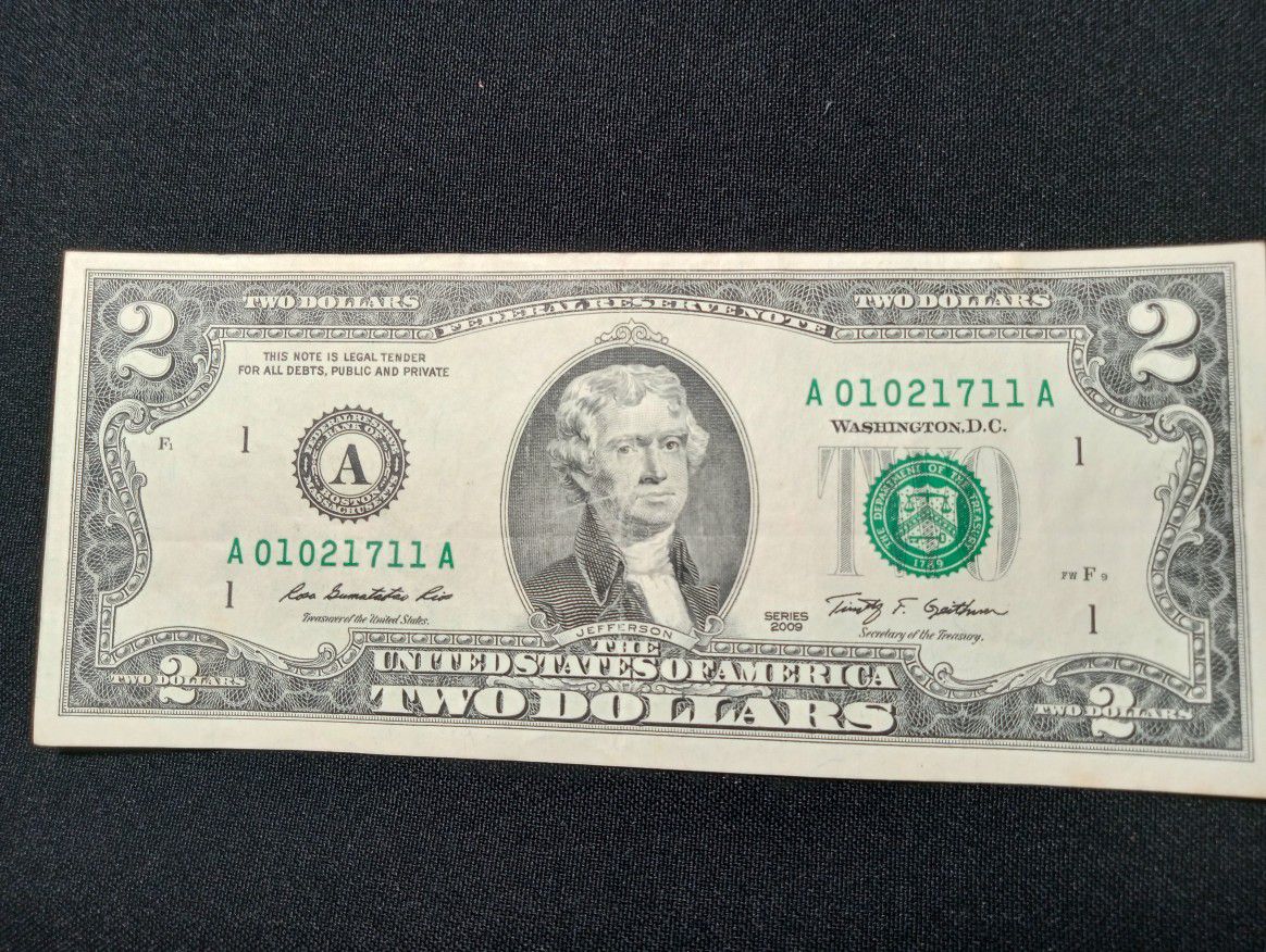 $2 Dollar Bill 2009 Serie A(  FANCY NUMBERS  UNCIRCULATED )