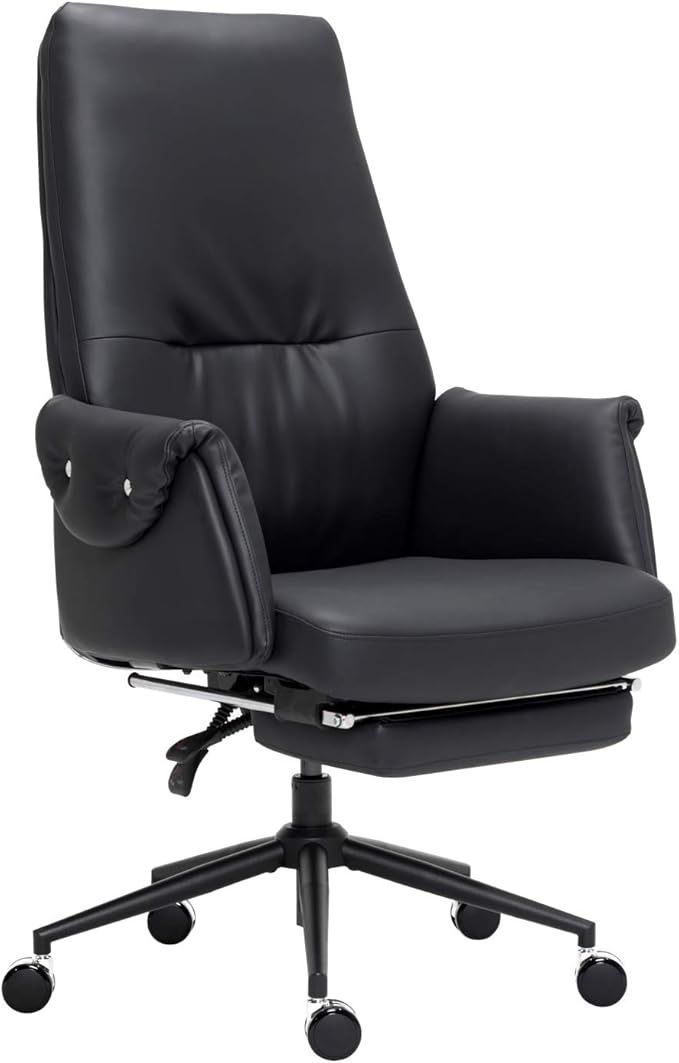 Leather Executive Chair Adjustable Reclining Swivel Office Desk Chair with Hidden Footrest Padded Armrest 350lbs Load-Bearing Strong Iron Frame Ergono