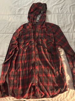 Red Plaid Hooded Flannel Button-Up Shirt