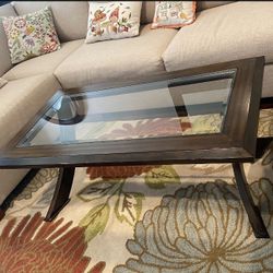Solid Wood, Glass Topped Coffee Table With Storage Shelf Underneath 