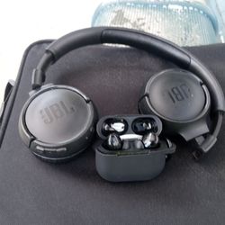 in the first picture is a pair of JBL WIRELESS HEADPHONES AND A PAIR OF PRO BUDS WIRELESS EARBUDS AND A SIZE 13 NIKE AIR MAX 