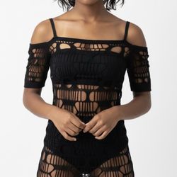 ROMWE Hallow-Out Fishnet Off The Shoulders Body-con Mini Dress Black Size (Small)