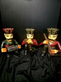 Antique Rajasthani Solid Wood Musicians Handpainted Set of 3 ,9.5" Tall