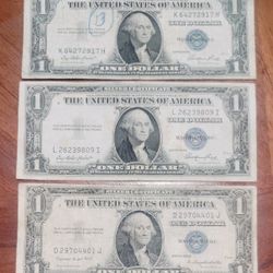 3 Vintage $1 Silver Certificates – 1935E (2) & 1935G (1) – Blue Seal U.S. Currency Lot