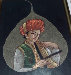 vintage-indian Art-pipal folklore  Art -framed-hand painting on dry peepal or fig leaf-