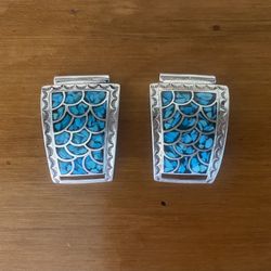 Sterling Silver  Fish Scale Style Inlay Turquoise Watch Tips