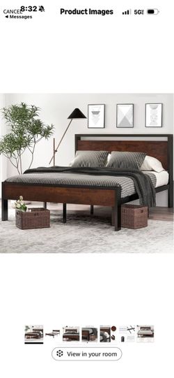 SHA CERLIN 14 Inch Queen Size Metal Platform Bed Frame with Wooden Headboard and Footboard, Mattress Foundation, No Box Spring Needed, Large Under Bed