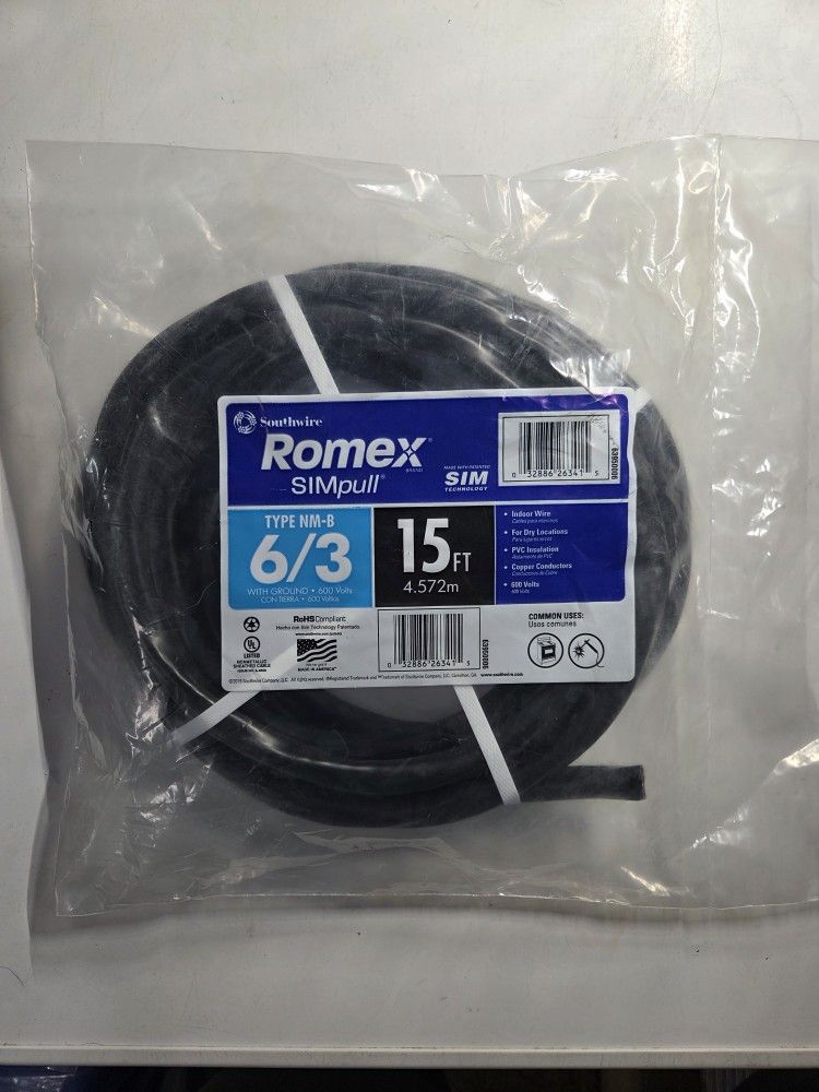 Southwire 15 ft. 6/3 Black Stranded Romex SIMpull CU NM-B W/G Wire
