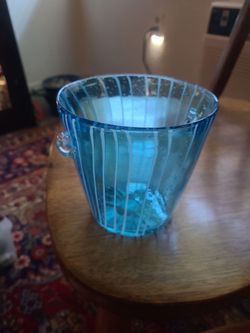 Vintage Blue Murano Glass Ice Bucket With Hand Blown Handles