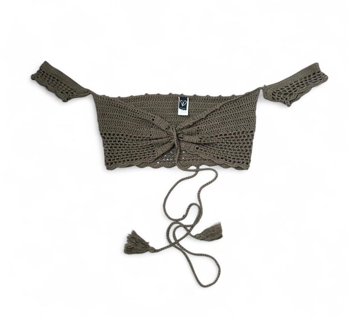 Army green crop off the shoulders knit top size Large 