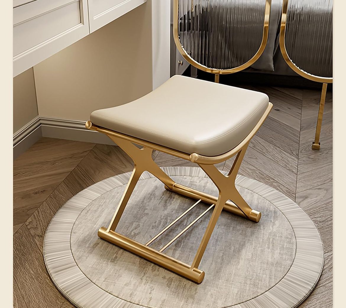 Vanity Stool,Leather Ottoman Makeup Stool with Metal X Legs,Multifunctional Chairs for Makeup,Modern Padded Vanity Seat Foot Rest Stool,Sofa Stool for