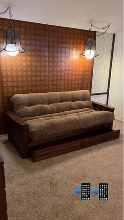 Solid Wood Convertible Futon Sofa Bed with Under-Bed Storage Drawers