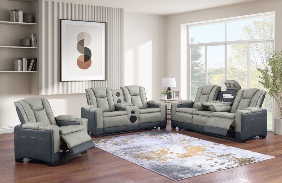 New In Box 3 Piece Reclining Sofa Set Speakers