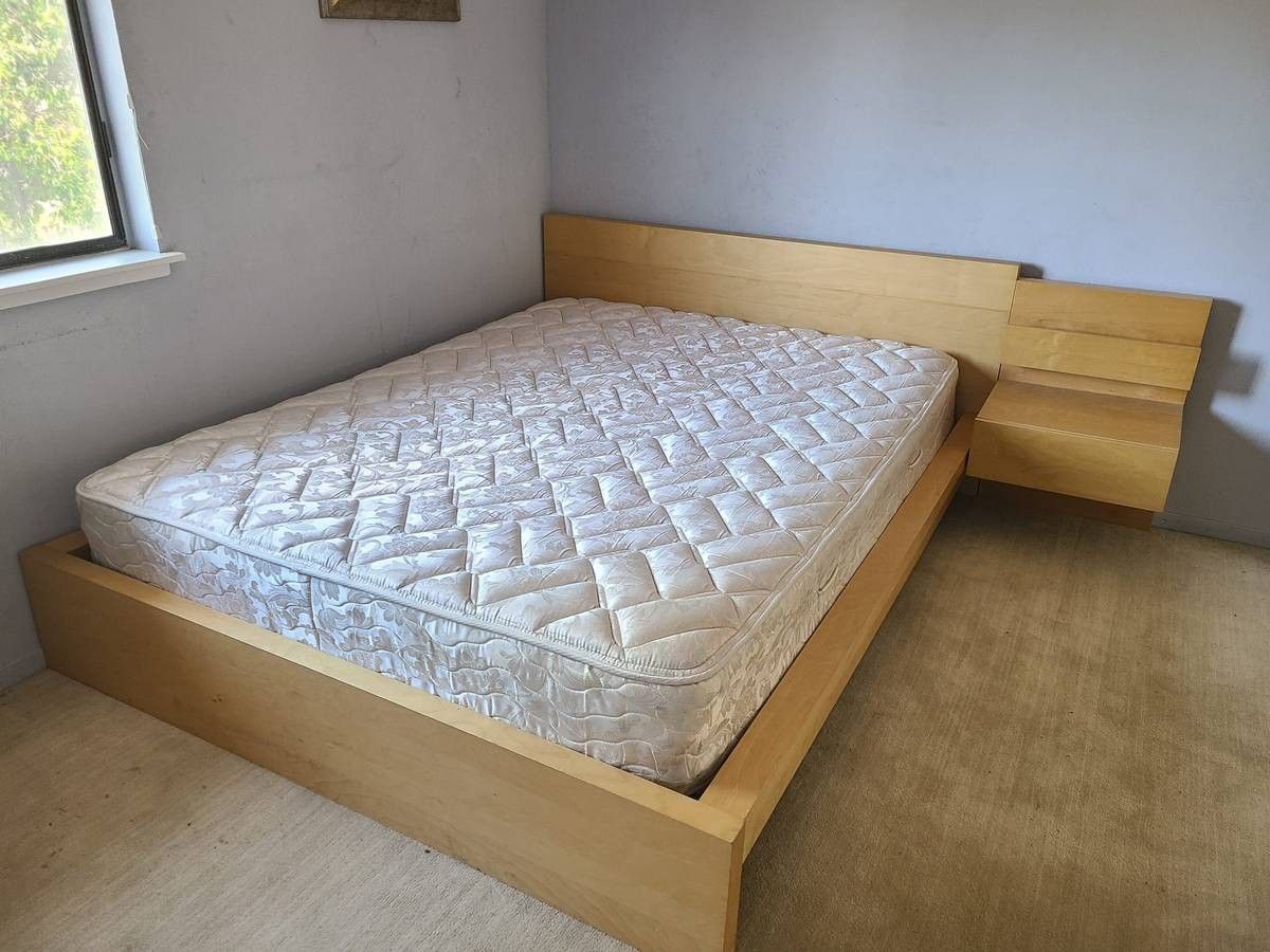 Queen Ikea bed light wood frame, slats, firm mattress, bedside table/stand