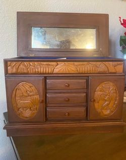 Vintage Antique Brown Wooden Jewelry Box Chest Drawer Lid Mirror