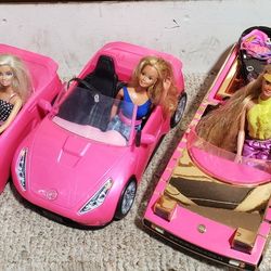 3 Barbie Convertibles And Dolls