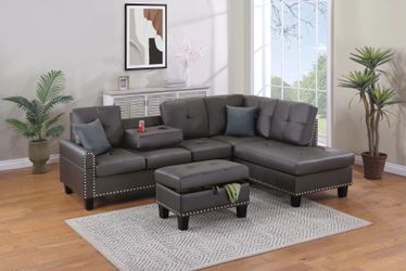 Brand new brown faux  leather sectional with matching ottoman (98x70x34H))