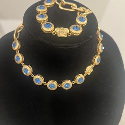 5 Piece Set- Necklace, Stud Earrings + Bracelet Set  | Medusa style Gold Tone With Blue Sapphire Crystal
