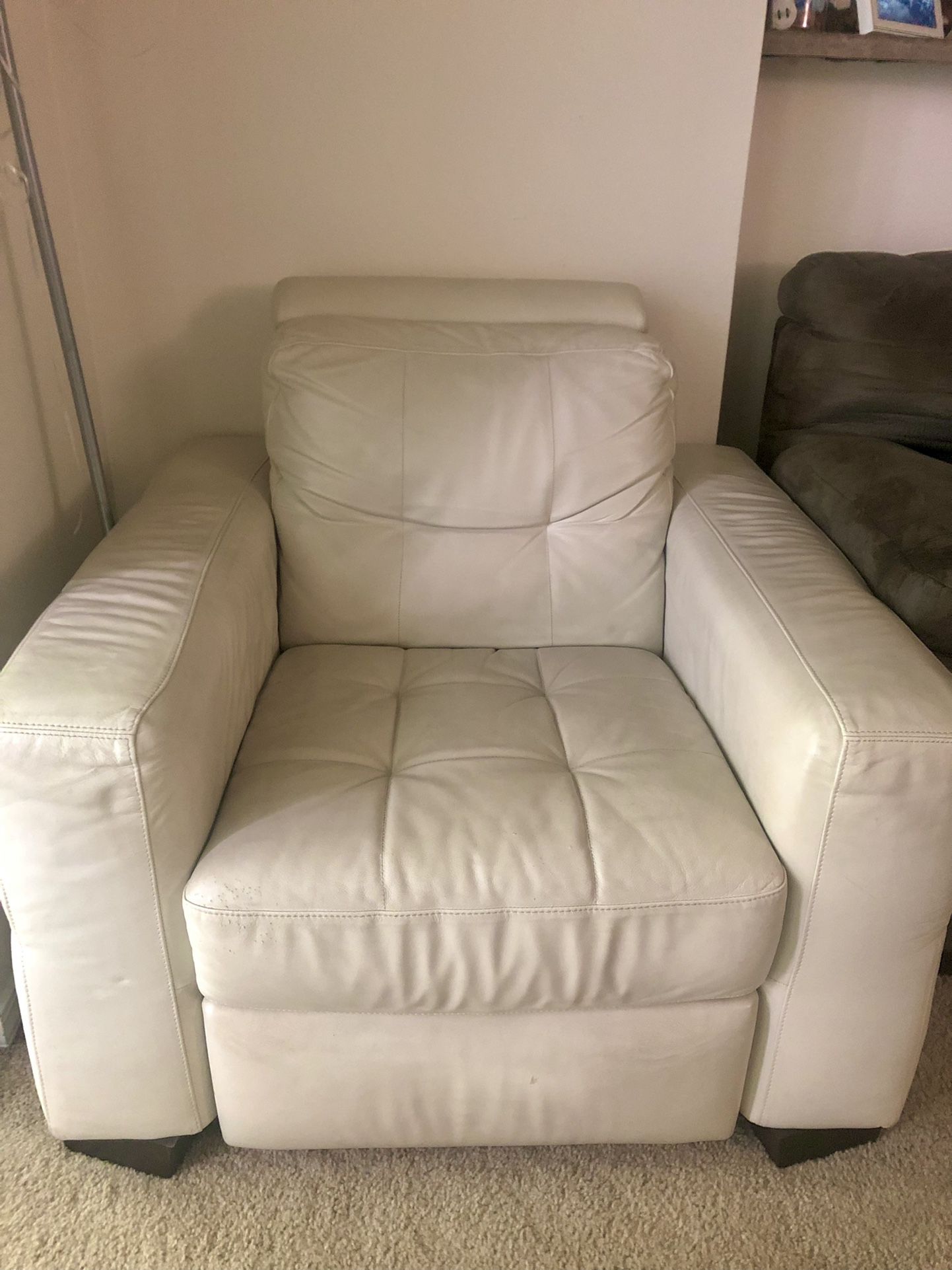 Single Seater White Leather Couch With a Headrest & Half Recline