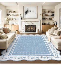 Blue and White Floral Scalloped Area Rug