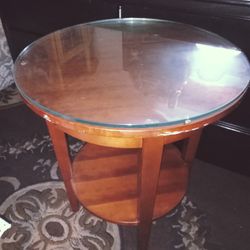 Vtg Solid Wood Round And Or Coffee Table With Glass Top Vintage Antique