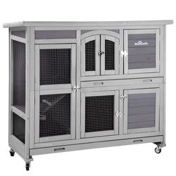 Morgete Wood Rabbit Hutch Bunny Cage with Wheel, Two Layer Guinea Pig House for Outdoors & Indoors