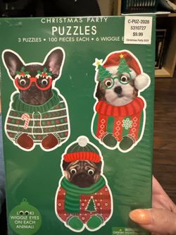 Hobby Lobby Christmas Party Dog Puzzles 3 Pack 100 Pieces Wiggle Eyes
