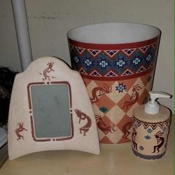 X3 VINTAGE SOUTHWESTERN SOUTHWEST KOKOPELLI TRASH CAN GARBAGE BIN WASTEBASKET HAND SOAP DISPENSER PICTURE FRAME BATHROOM DECOR
