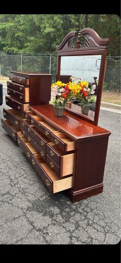 Vaughan solid wood set : long dresser with big drawers, big mirror , tall chest . Drawers Sliding smoothly